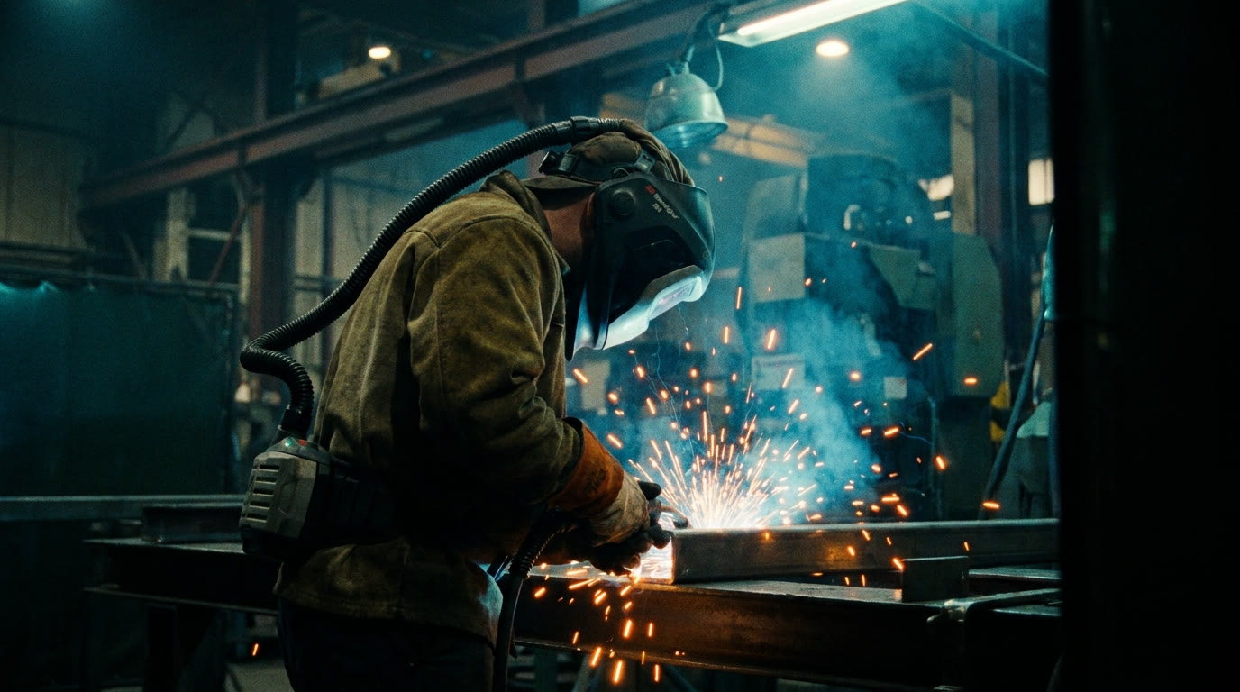 Welder in a 3M Speedglas welding helmet with powered air